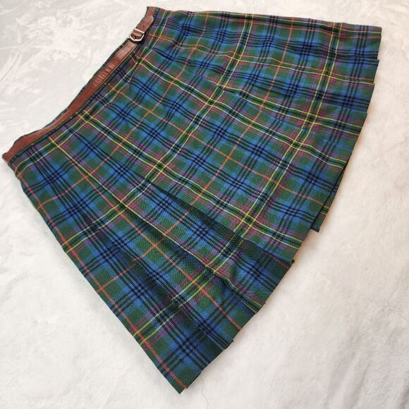VTG Ralph Lauren Wool Tartan Plaid Pleated Belted Wrap Mini Skirt Sz 10 - Picture 2 of 13